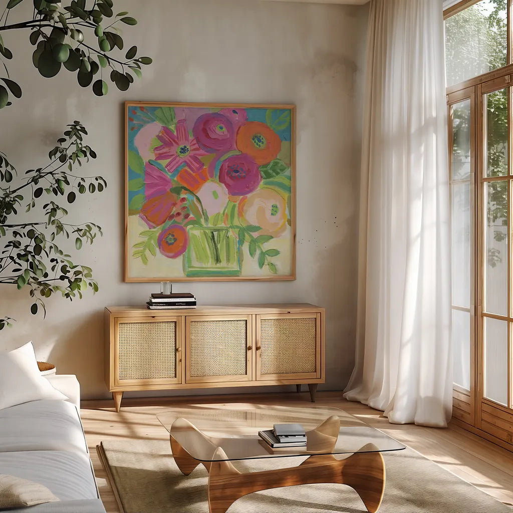 Artistic Bouquet by Farida Zaman. Shown in a natural wood frame in a cozy modern living room. Available as an archival giclee rolled canvas, fine art paper, or poster print. SKU 96314a.
