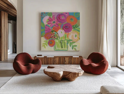 Artistic Bouquet by Farida Zaman. Shown as extra-large giant wall art in a modern living room. Available as an archival giclee rolled canvas, fine art paper, or poster print. SKU 96314a.