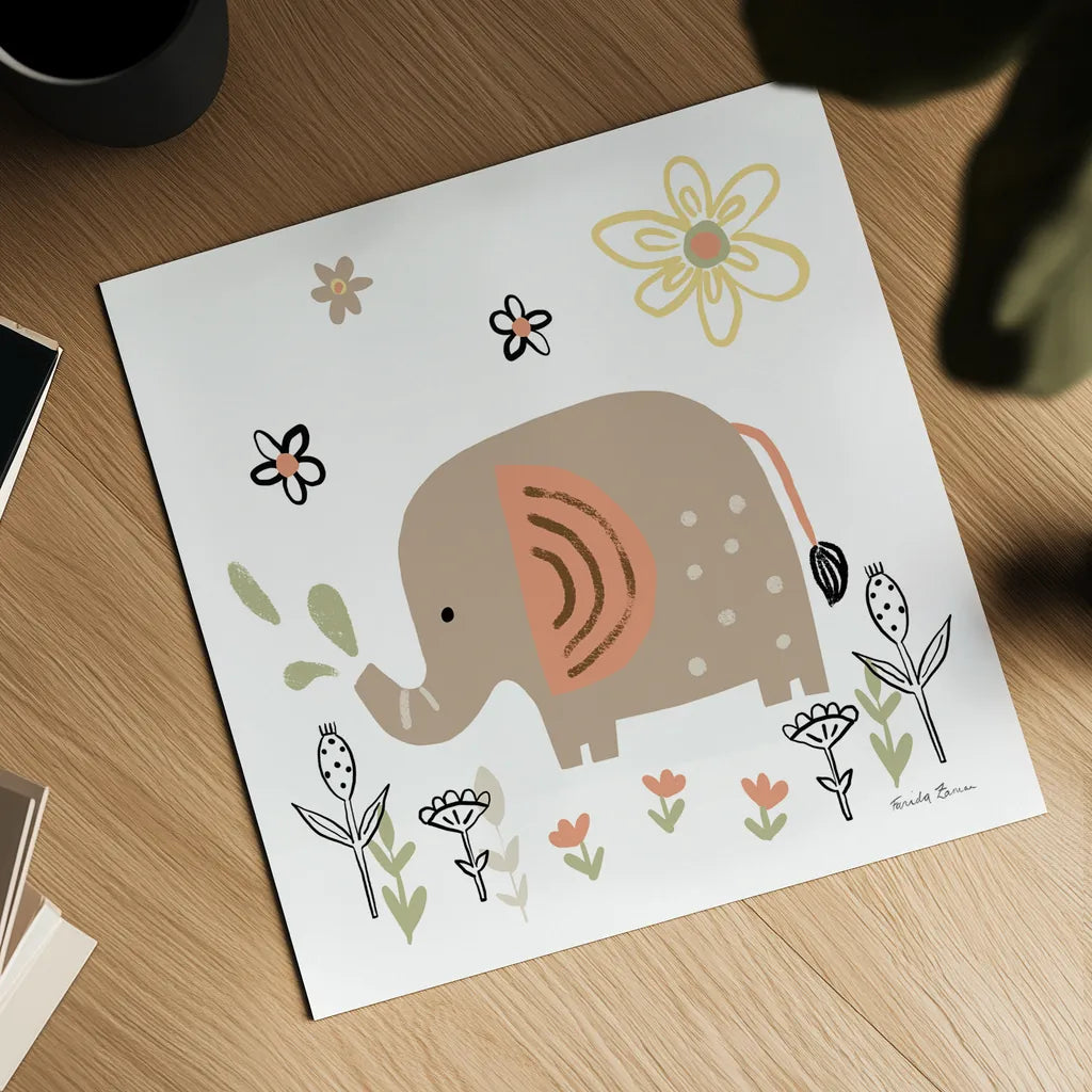 Baby Elephant by Farida Zaman. Shown as a detailed flat fine art print, highlighting archival giclee quality. Available as an archival giclee rolled canvas, fine art paper, or poster print. SKU 90257a.