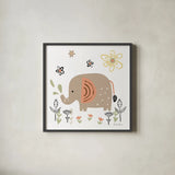 Baby Elephant by Farida Zaman. Shown in a sleek black glass frame for a contemporary gallery look. Available as an archival giclee rolled canvas, fine art paper, or poster print. SKU 90257a.