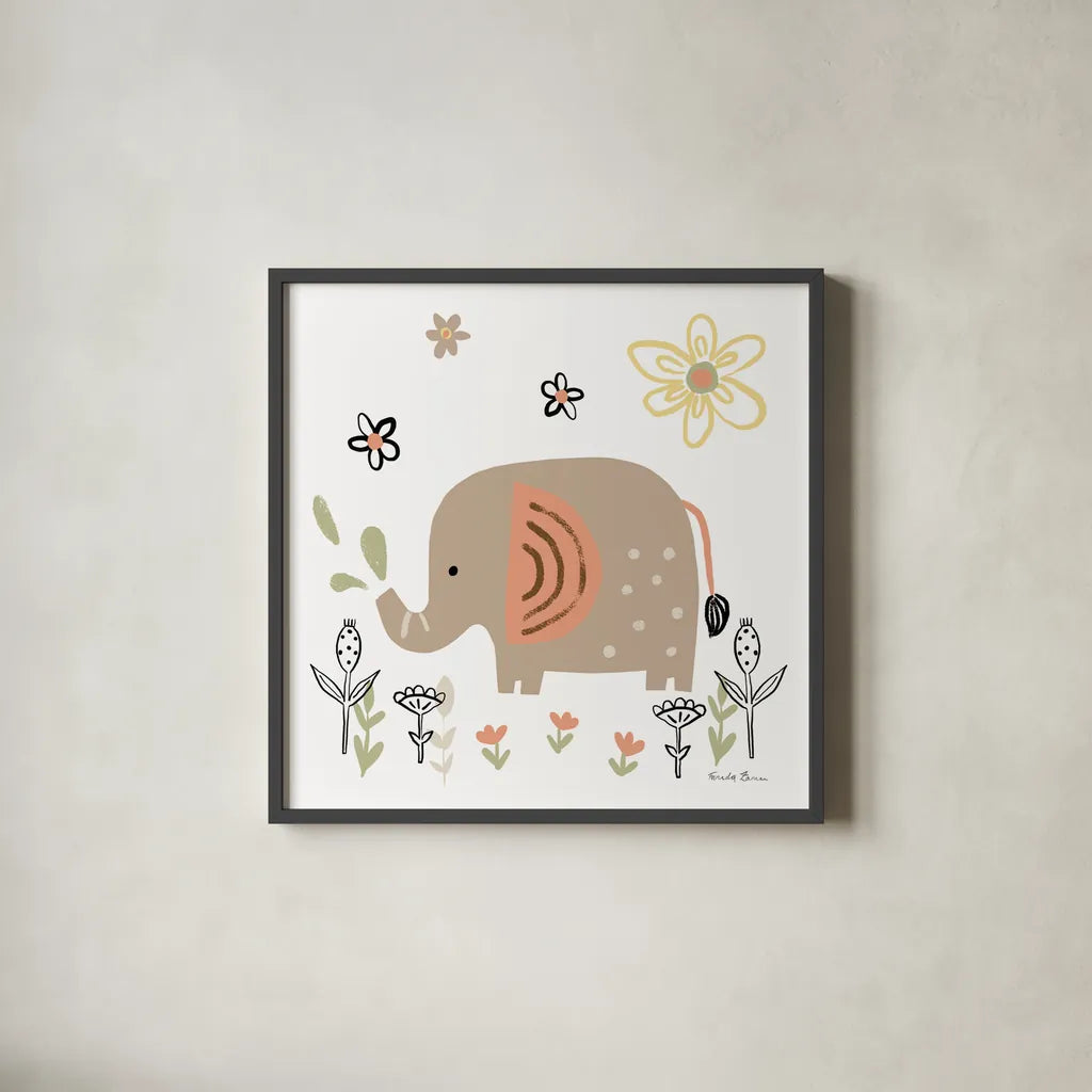 Baby Elephant by Farida Zaman. Shown in a sleek black glass frame for a contemporary gallery look. Available as an archival giclee rolled canvas, fine art paper, or poster print. SKU 90257a.