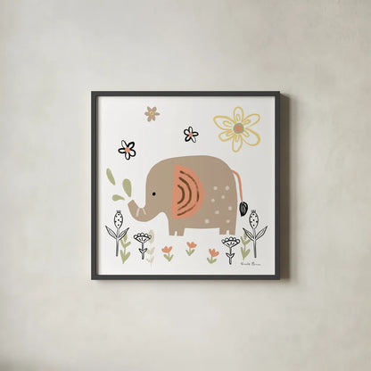 Baby Elephant by Farida Zaman. Shown in a sleek black glass frame for a contemporary gallery look. Available as an archival giclee rolled canvas, fine art paper, or poster print. SKU 90257a.