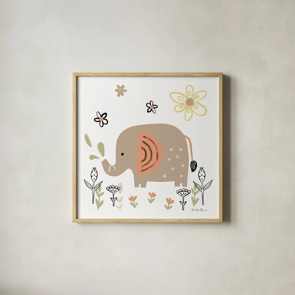 Baby Elephant by Farida Zaman. Shown in a natural wood glass frame for a timeless modern aesthetic. Available as an archival giclee rolled canvas, fine art paper, or poster print. SKU 90257a.