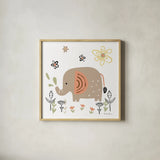 Baby Elephant by Farida Zaman. Shown in a natural wood glass frame for a timeless modern aesthetic. Available as an archival giclee rolled canvas, fine art paper, or poster print. SKU 90257a.