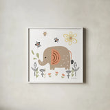 Baby Elephant by Farida Zaman. Shown in a crisp white glass frame for a clean and minimalist style. Available as an archival giclee rolled canvas, fine art paper, or poster print. SKU 90257a.