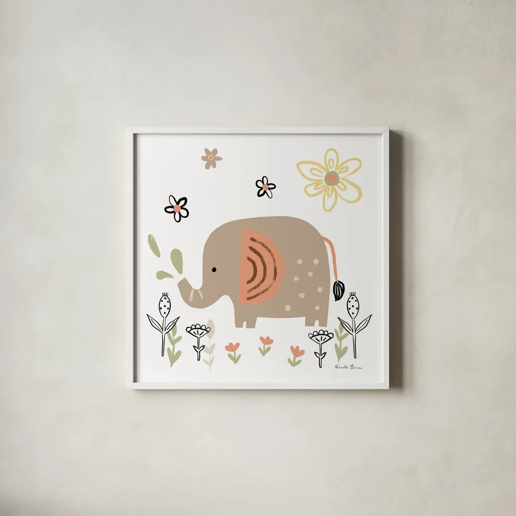 Baby Elephant by Farida Zaman. Shown in a crisp white glass frame for a clean and minimalist style. Available as an archival giclee rolled canvas, fine art paper, or poster print. SKU 90257a.