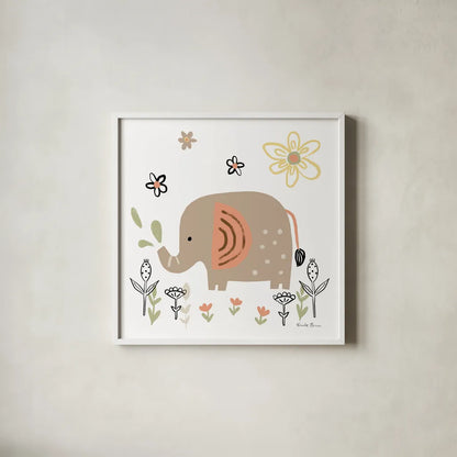 Baby Elephant by Farida Zaman. Shown in a crisp white glass frame for a clean and minimalist style. Available as an archival giclee rolled canvas, fine art paper, or poster print. SKU 90257a.