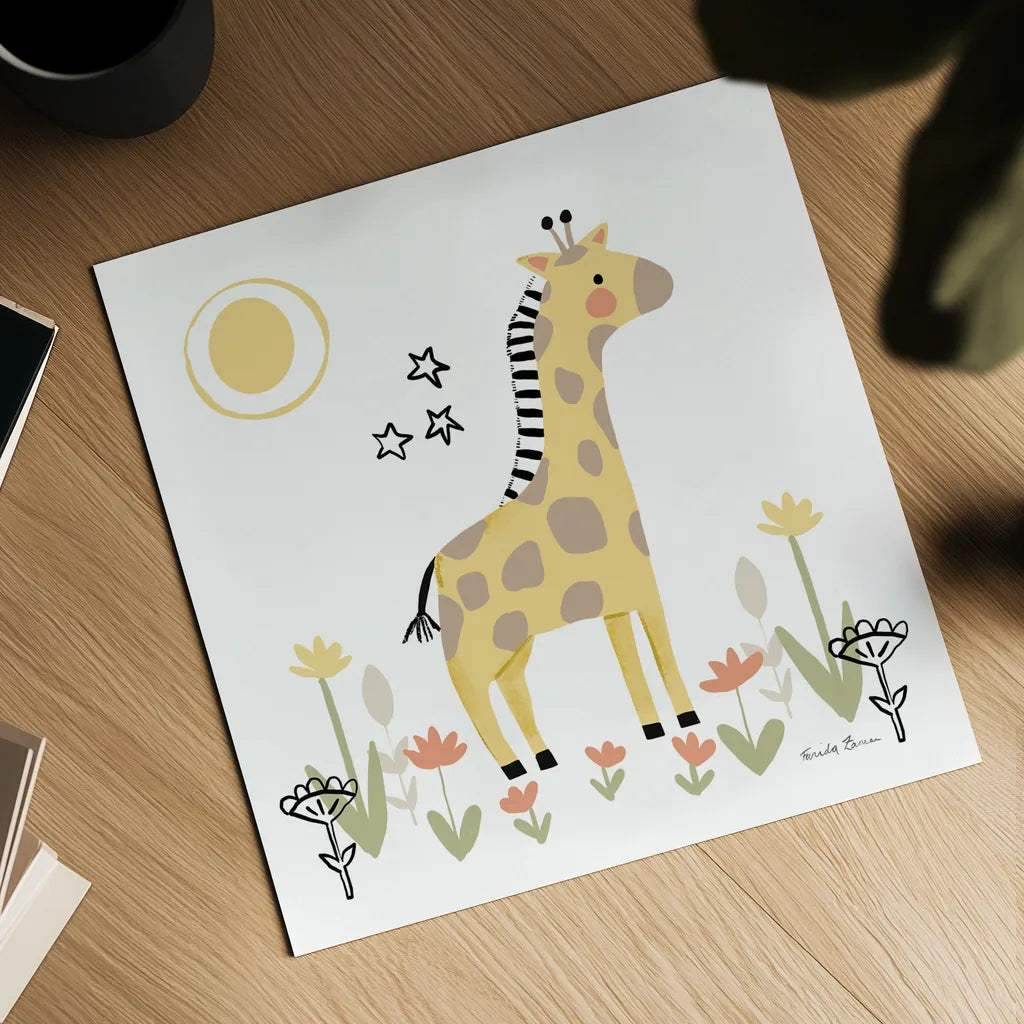 Baby Giraffe by Farida Zaman. Shown as a detailed flat fine art print, highlighting archival giclee quality. Available as an archival giclee rolled canvas, fine art paper, or poster print. SKU 90254a.