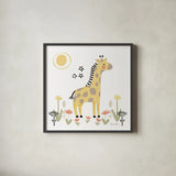 Baby Giraffe by Farida Zaman. Shown in a sleek black glass frame for a contemporary gallery look. Available as an archival giclee rolled canvas, fine art paper, or poster print. SKU 90254a.