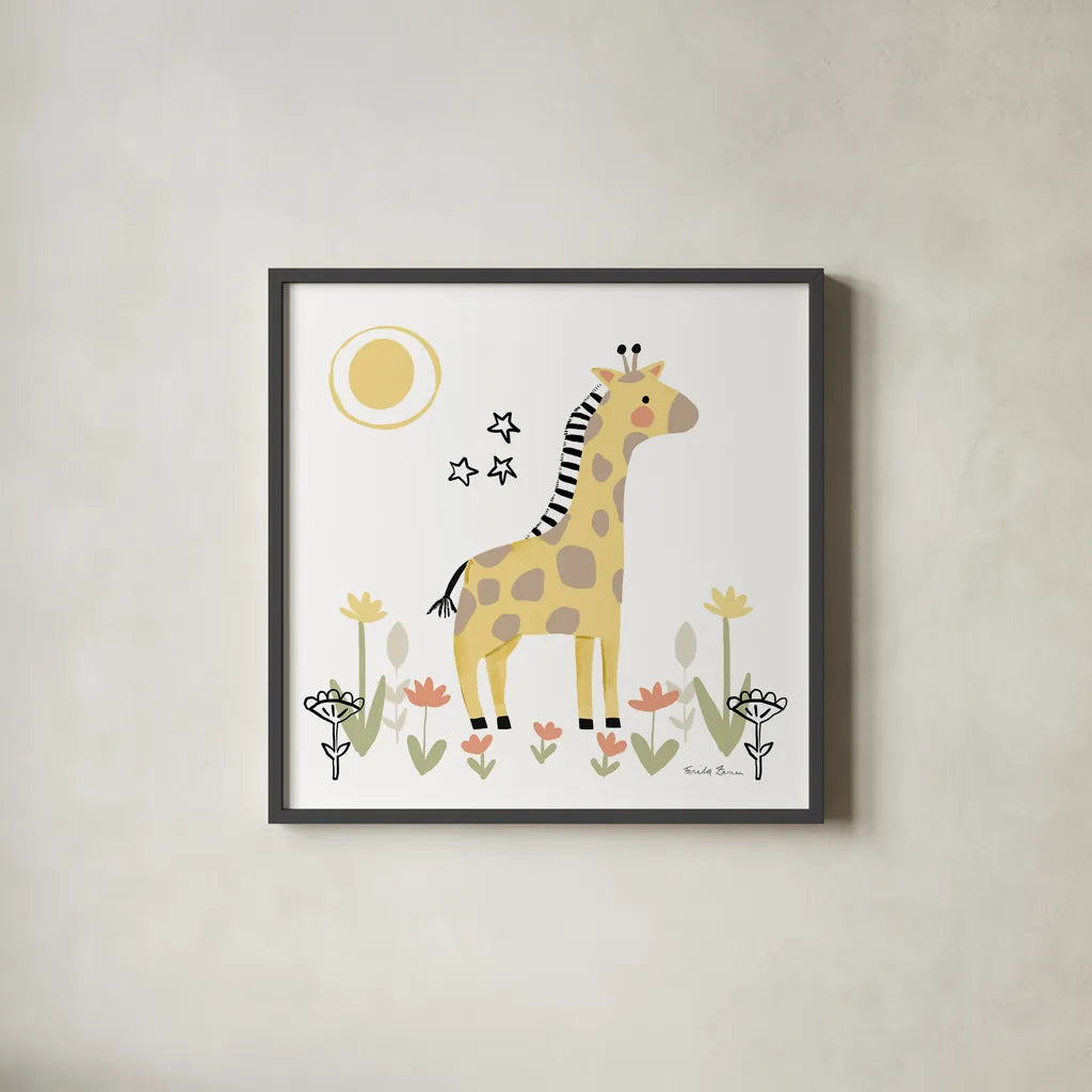 Baby Giraffe by Farida Zaman. Shown in a sleek black glass frame for a contemporary gallery look. Available as an archival giclee rolled canvas, fine art paper, or poster print. SKU 90254a.