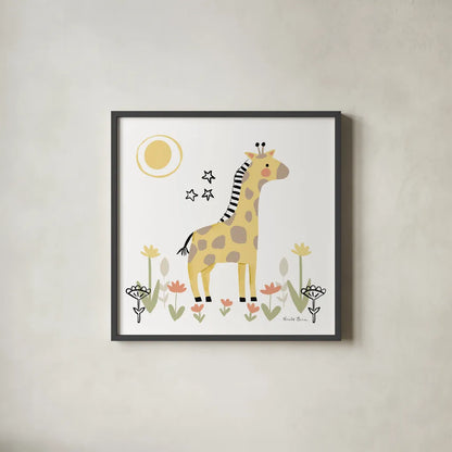 Baby Giraffe by Farida Zaman. Shown in a sleek black glass frame for a contemporary gallery look. Available as an archival giclee rolled canvas, fine art paper, or poster print. SKU 90254a.