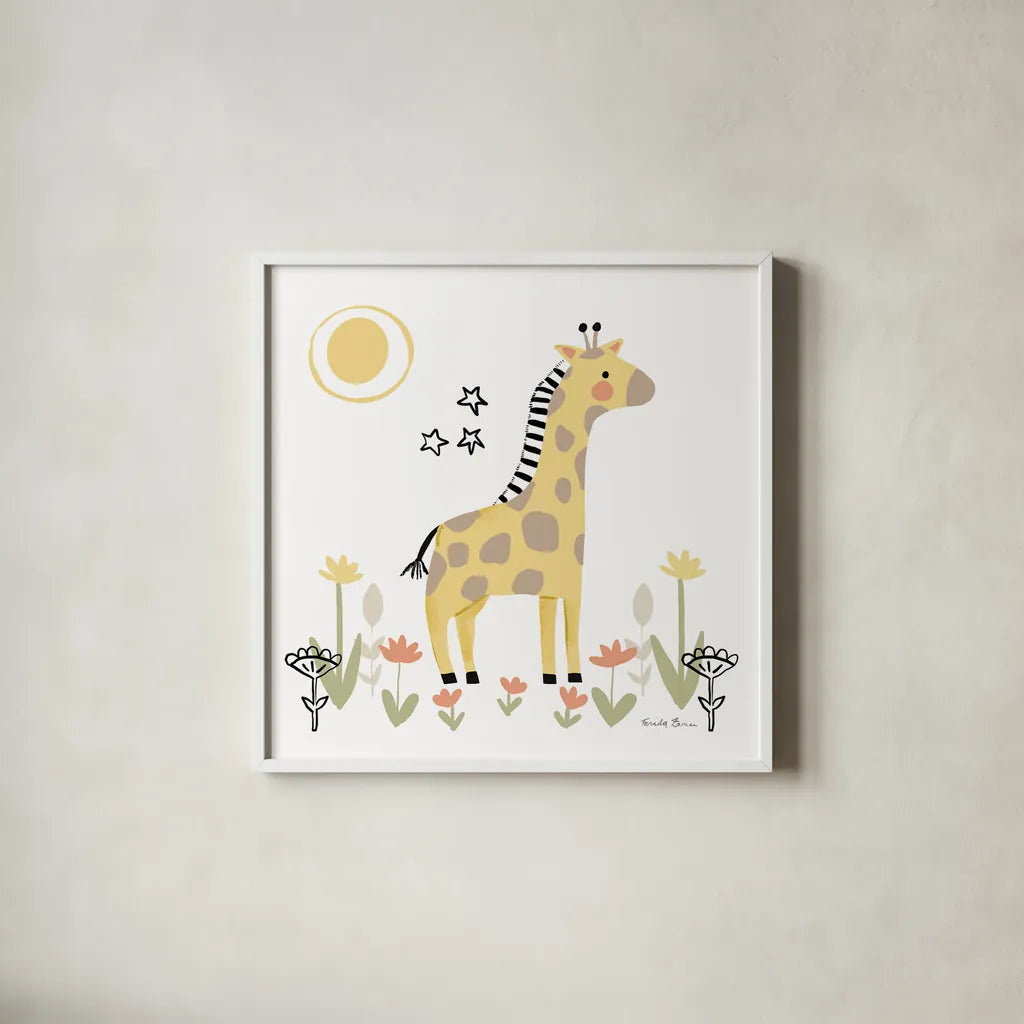 Baby Giraffe by Farida Zaman. Shown in a crisp white glass frame for a clean and minimalist style. Available as an archival giclee rolled canvas, fine art paper, or poster print. SKU 90254a.