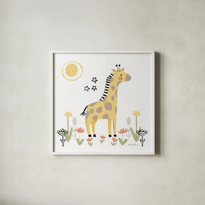 Baby Giraffe by Farida Zaman. Shown in a crisp white glass frame for a clean and minimalist style. Available as an archival giclee rolled canvas, fine art paper, or poster print. SKU 90254a.