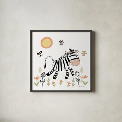 Baby Zebra by Farida Zaman. Shown in a sleek black glass frame for a contemporary gallery look. Available as an archival giclee rolled canvas, fine art paper, or poster print. SKU 90255a.