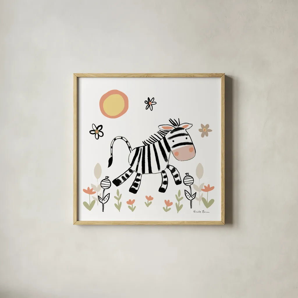 Baby Zebra by Farida Zaman. Shown in a natural wood glass frame for a timeless modern aesthetic. Available as an archival giclee rolled canvas, fine art paper, or poster print. SKU 90255a.