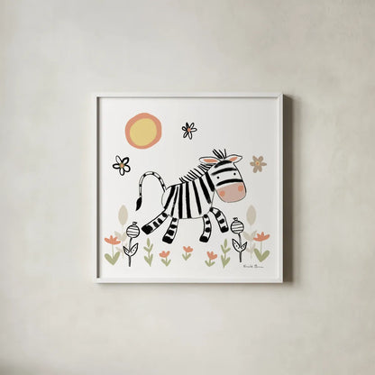 Baby Zebra by Farida Zaman. Shown in a crisp white glass frame for a clean and minimalist style. Available as an archival giclee rolled canvas, fine art paper, or poster print. SKU 90255a.