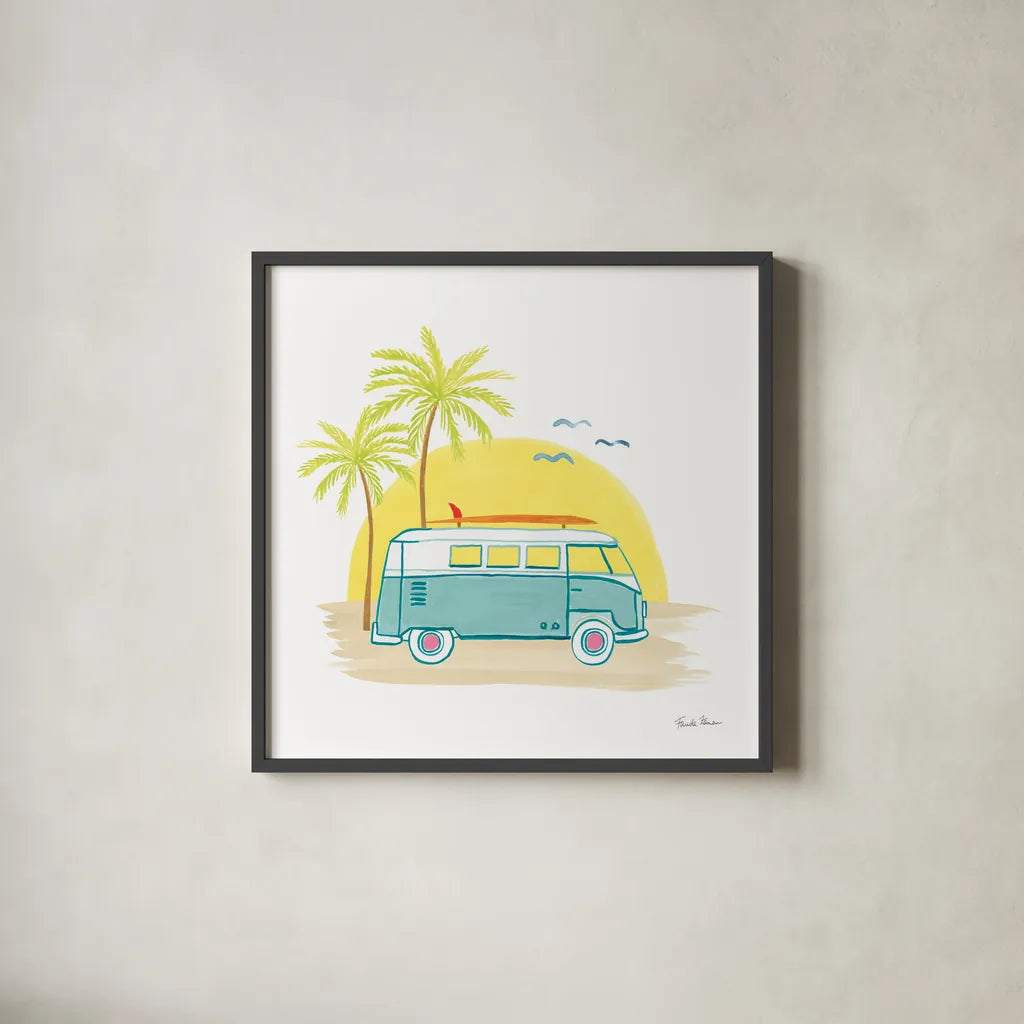 Beach Cruiser I by Farida Zaman. Shown in a sleek black glass frame for a contemporary gallery look. Available as an archival giclee rolled canvas, fine art paper, or poster print. SKU 72532a.