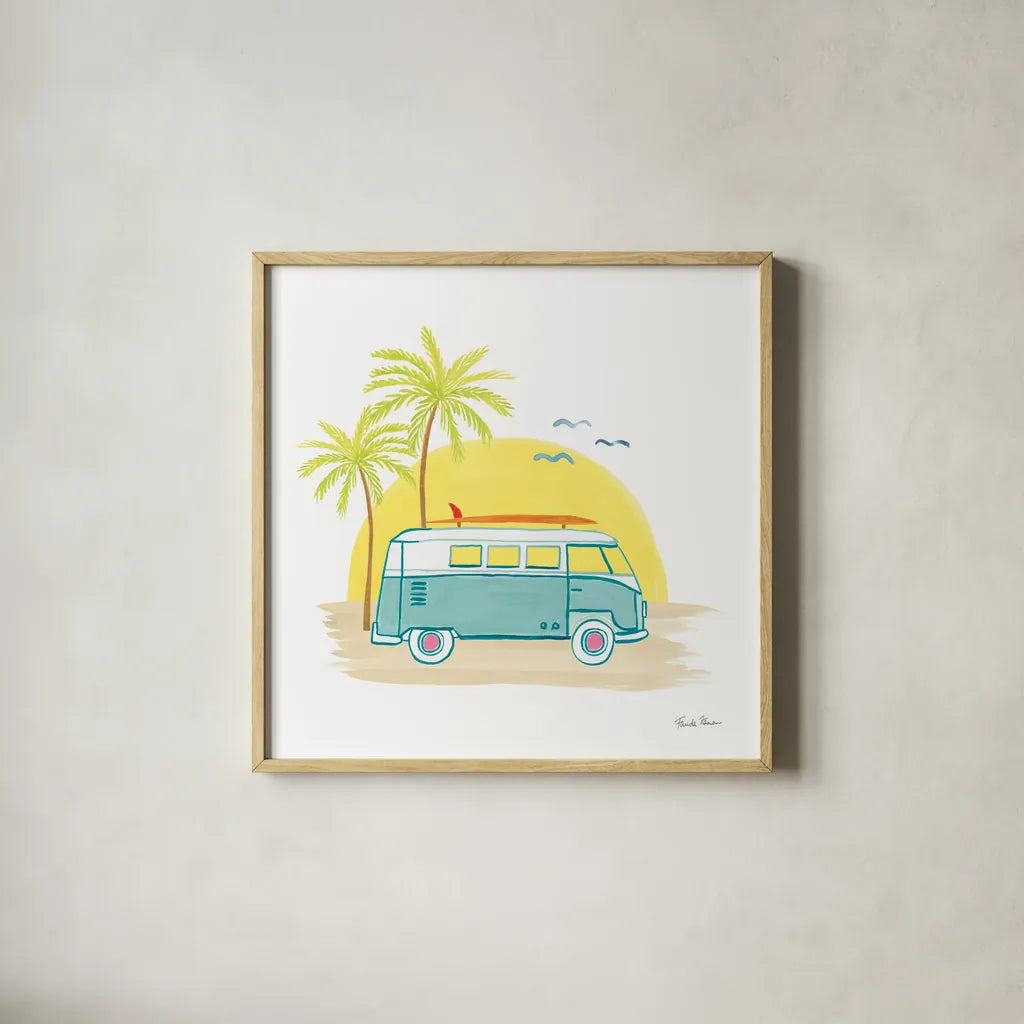 Beach Cruiser I by Farida Zaman. Shown in a natural wood glass frame for a timeless modern aesthetic. Available as an archival giclee rolled canvas, fine art paper, or poster print. SKU 72532a.