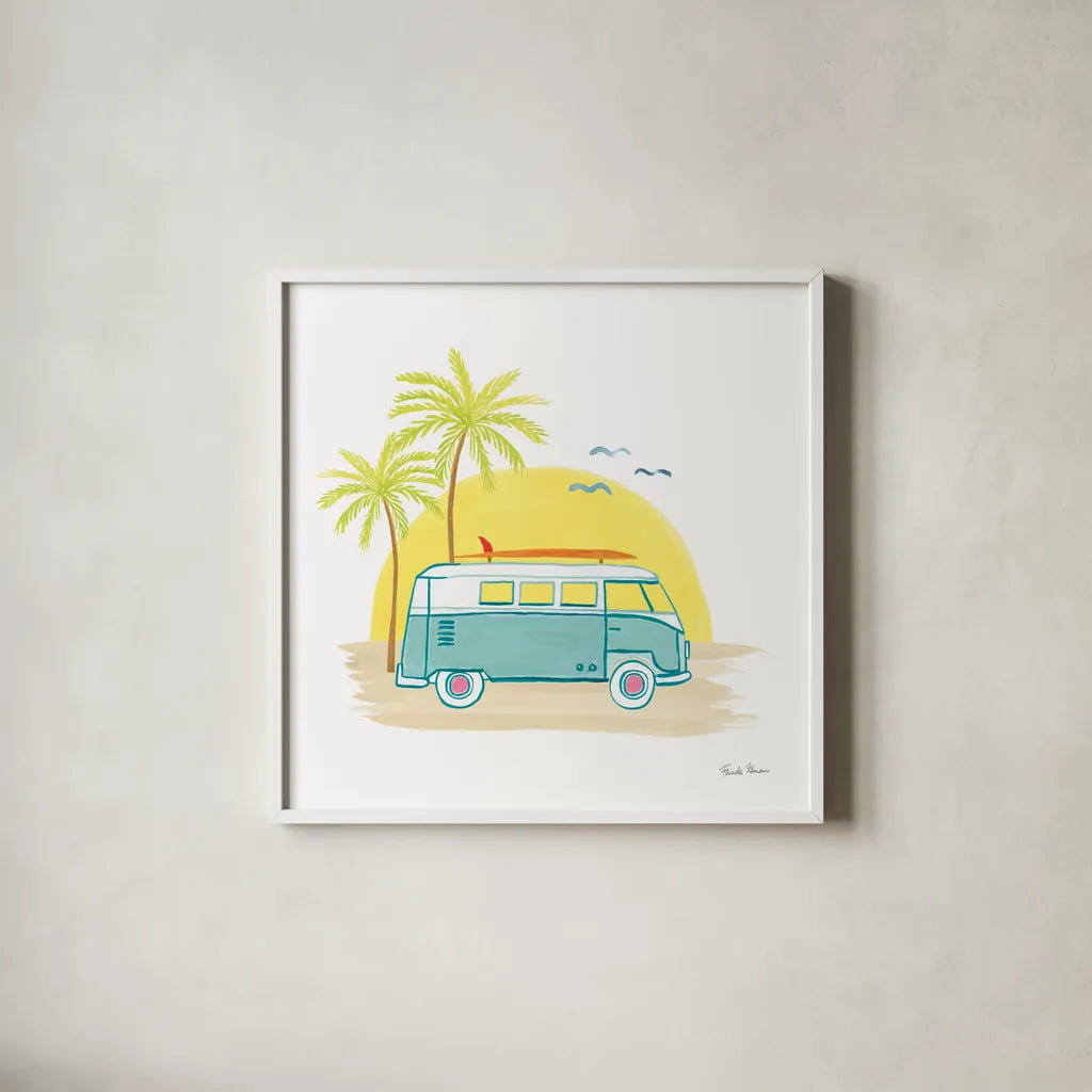 Beach Cruiser I by Farida Zaman. Shown in a crisp white glass frame for a clean and minimalist style. Available as an archival giclee rolled canvas, fine art paper, or poster print. SKU 72532a.