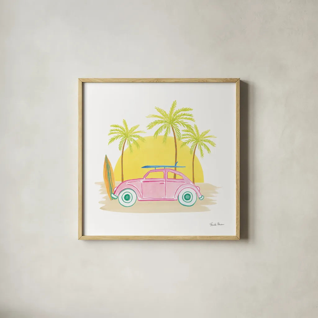 Beach Cruiser II by Farida Zaman. Shown in a natural wood glass frame for a timeless modern aesthetic. Available as an archival giclee rolled canvas, fine art paper, or poster print. SKU 72533a.