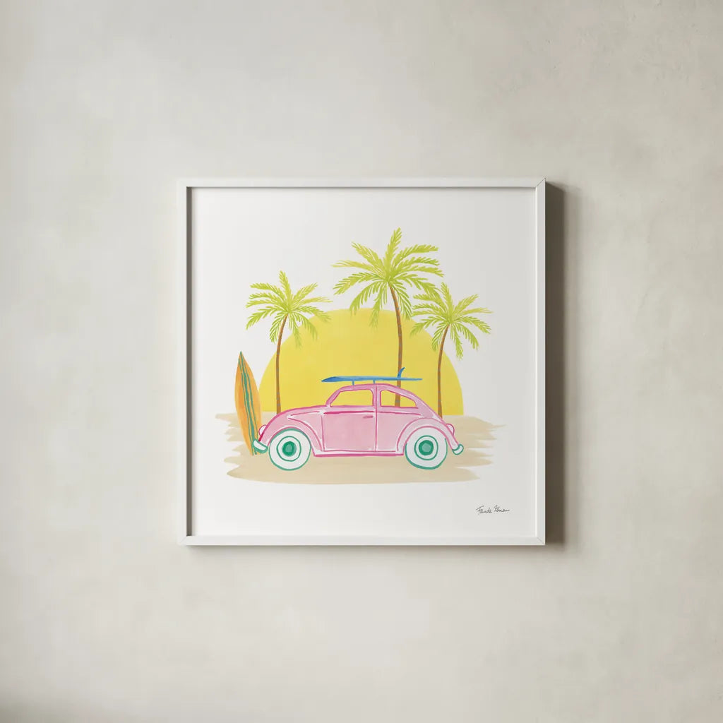 Beach Cruiser II by Farida Zaman. Shown in a crisp white glass frame for a clean and minimalist style. Available as an archival giclee rolled canvas, fine art paper, or poster print. SKU 72533a.