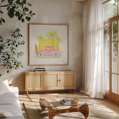 Beach Cruiser II by Farida Zaman. Shown in a natural wood frame in a cozy modern living room. Available as an archival giclee rolled canvas, fine art paper, or poster print. SKU 72533a.