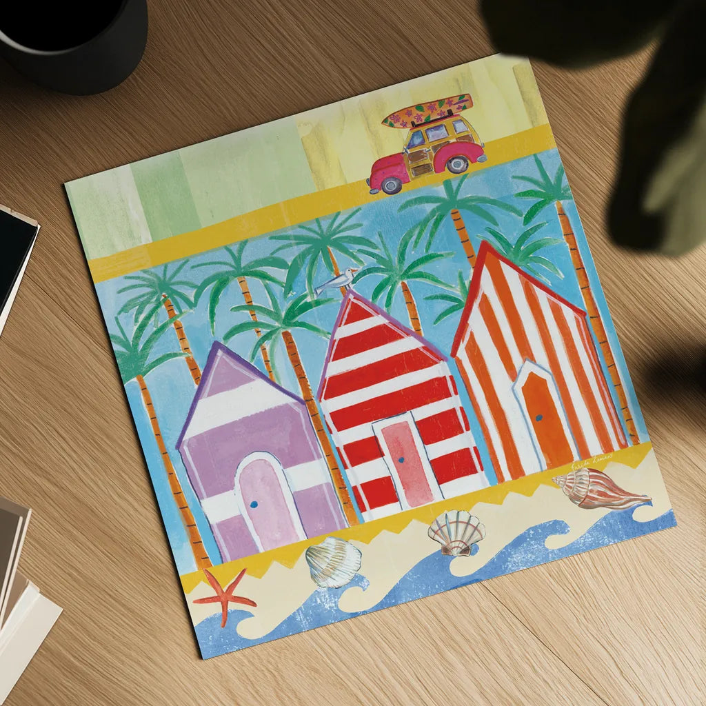 Beach Living I by Farida Zaman. Shown as a detailed flat fine art print, highlighting archival giclee quality. Available as an archival giclee rolled canvas, fine art paper, or poster print. SKU 33258a.