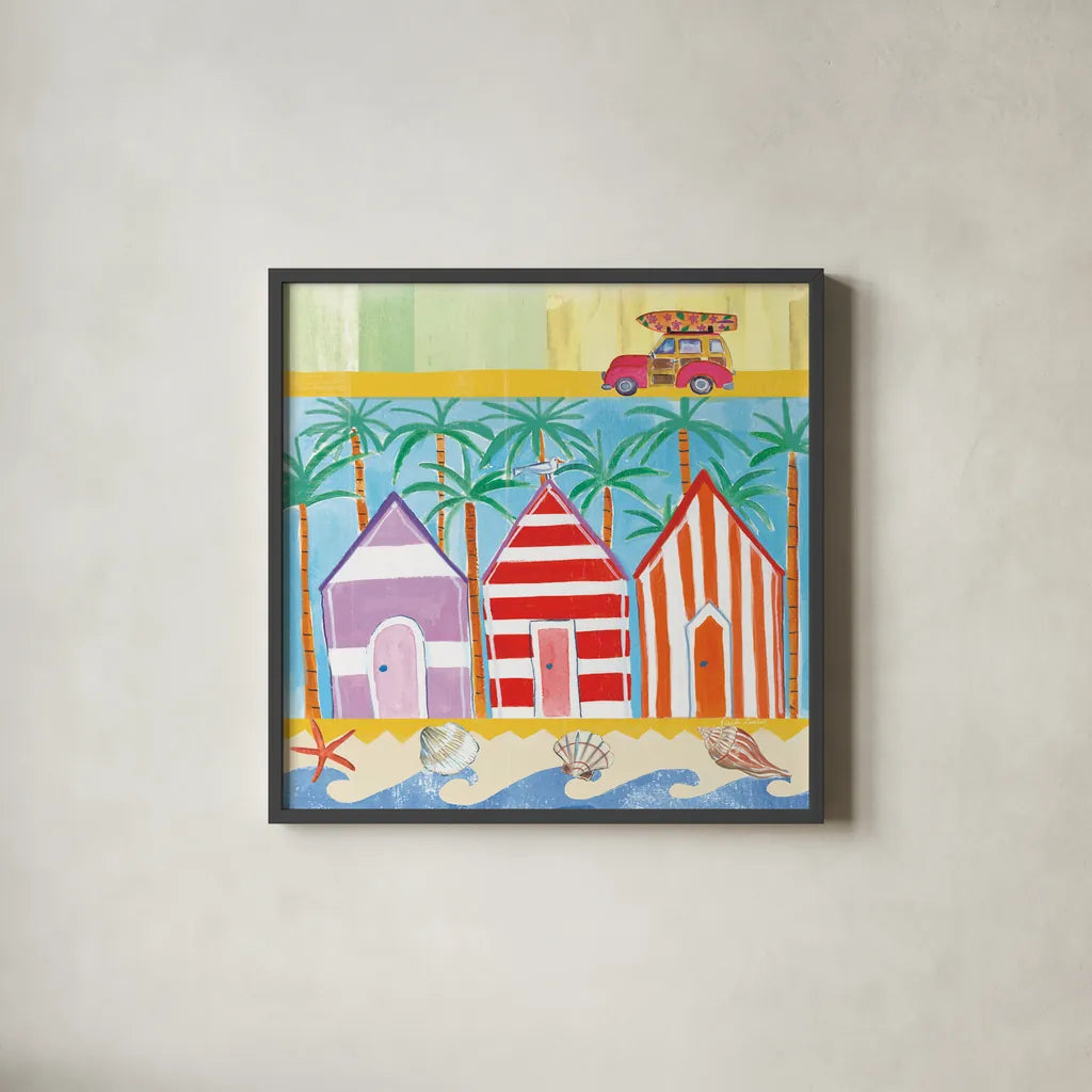 Beach Living I by Farida Zaman. Shown in a sleek black glass frame for a contemporary gallery look. Available as an archival giclee rolled canvas, fine art paper, or poster print. SKU 33258a.