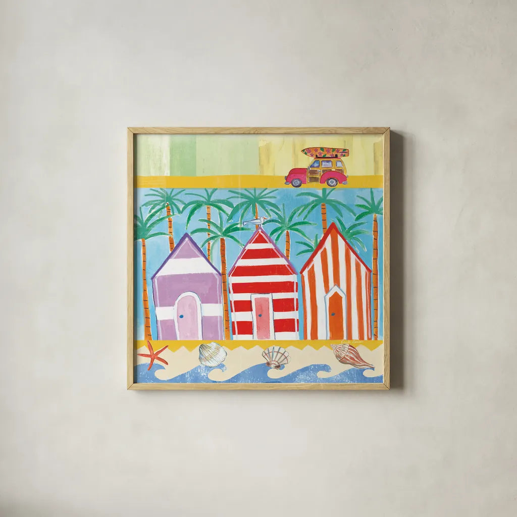 Beach Living I by Farida Zaman. Shown in a natural wood glass frame for a timeless modern aesthetic. Available as an archival giclee rolled canvas, fine art paper, or poster print. SKU 33258a.