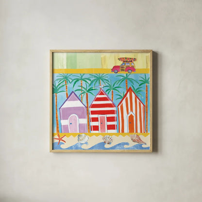 Beach Living I by Farida Zaman. Shown in a natural wood glass frame for a timeless modern aesthetic. Available as an archival giclee rolled canvas, fine art paper, or poster print. SKU 33258a.