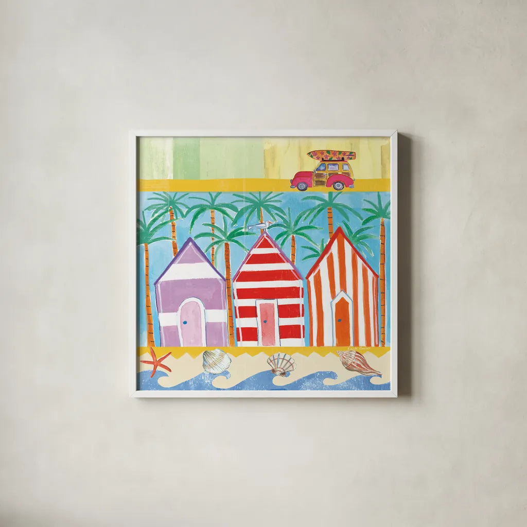 Beach Living I by Farida Zaman. Shown in a crisp white glass frame for a clean and minimalist style. Available as an archival giclee rolled canvas, fine art paper, or poster print. SKU 33258a.