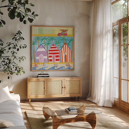 Beach Living I by Farida Zaman. Shown in a natural wood frame in a cozy modern living room. Available as an archival giclee rolled canvas, fine art paper, or poster print. SKU 33258a.