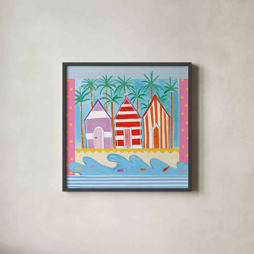 Beach Living II by Farida Zaman. Shown in a sleek black glass frame for a contemporary gallery look. Available as an archival giclee rolled canvas, fine art paper, or poster print. SKU 33259a.