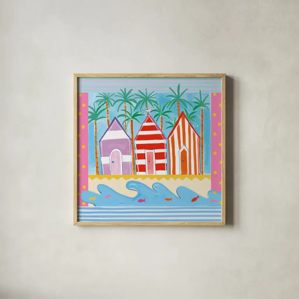 Beach Living II by Farida Zaman. Shown in a natural wood glass frame for a timeless modern aesthetic. Available as an archival giclee rolled canvas, fine art paper, or poster print. SKU 33259a.