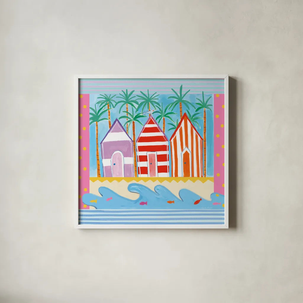 Beach Living II by Farida Zaman. Shown in a crisp white glass frame for a clean and minimalist style. Available as an archival giclee rolled canvas, fine art paper, or poster print. SKU 33259a.