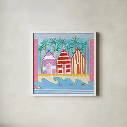 Beach Living II by Farida Zaman. Shown in a crisp white glass frame for a clean and minimalist style. Available as an archival giclee rolled canvas, fine art paper, or poster print. SKU 33259a.