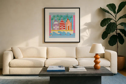 Beach Living II by Farida Zaman. Displayed in a glass frame with matte in a clean modern living room. Available as an archival giclee rolled canvas, fine art paper, or poster print. SKU 33259a.