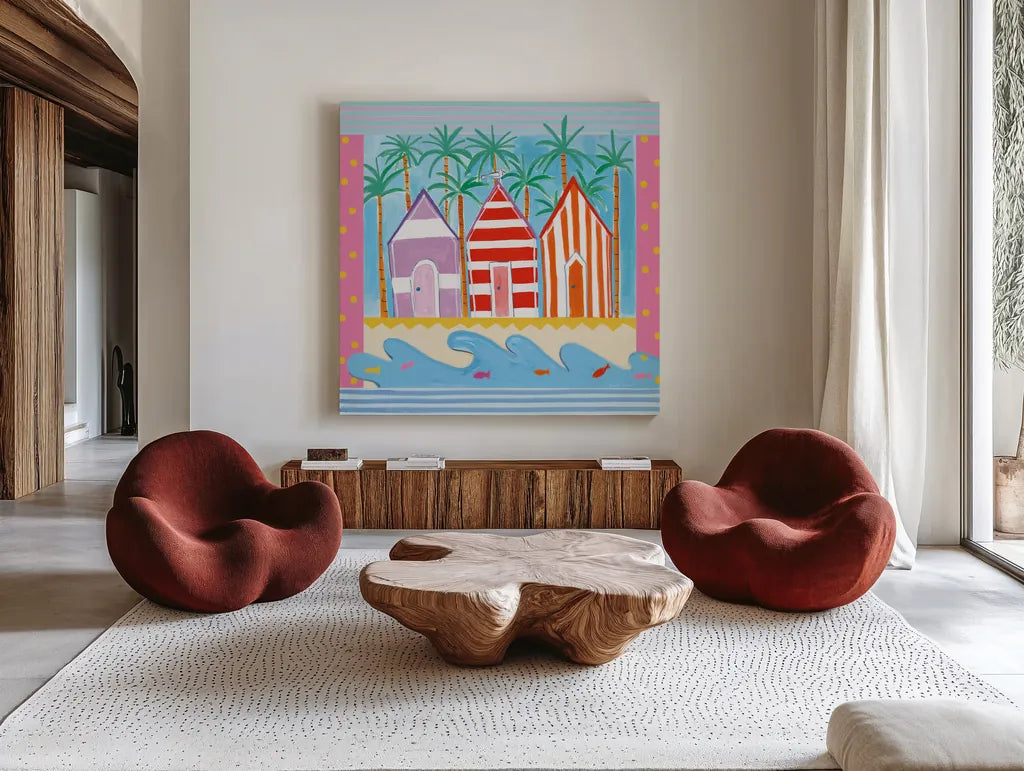 Beach Living II by Farida Zaman. Shown as extra-large giant wall art in a modern living room. Available as an archival giclee rolled canvas, fine art paper, or poster print. SKU 33259a.