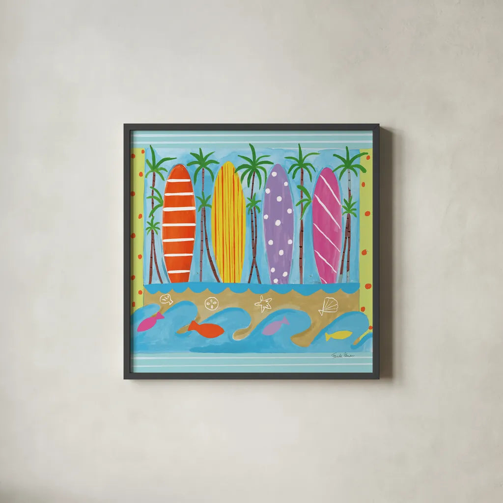 Beach Living V by Farida Zaman. Shown in a sleek black glass frame for a contemporary gallery look. Available as an archival giclee rolled canvas, fine art paper, or poster print. SKU 73130a.