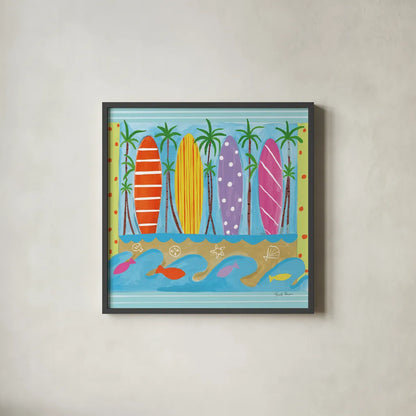 Beach Living V by Farida Zaman. Shown in a sleek black glass frame for a contemporary gallery look. Available as an archival giclee rolled canvas, fine art paper, or poster print. SKU 73130a.