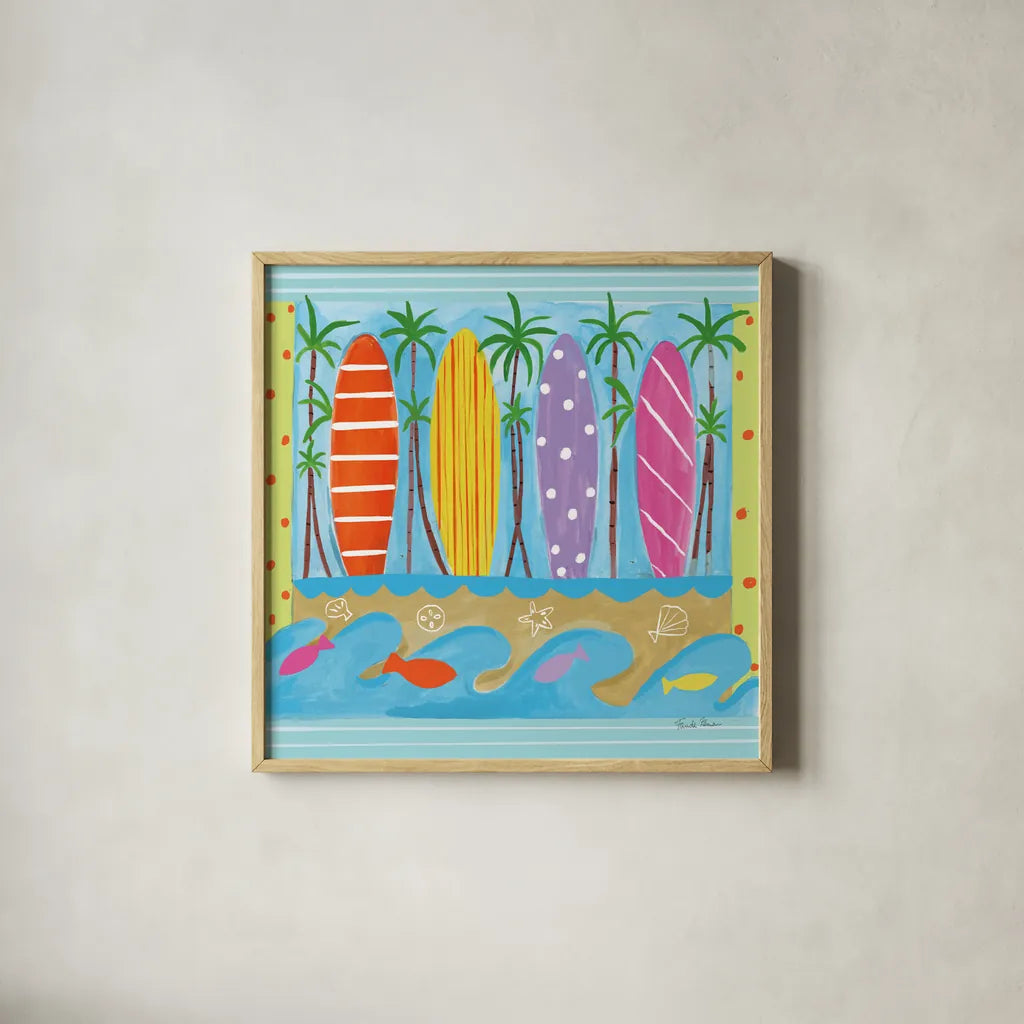 Beach Living V by Farida Zaman. Shown in a natural wood glass frame for a timeless modern aesthetic. Available as an archival giclee rolled canvas, fine art paper, or poster print. SKU 73130a.