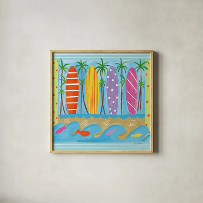 Beach Living V by Farida Zaman. Shown in a natural wood glass frame for a timeless modern aesthetic. Available as an archival giclee rolled canvas, fine art paper, or poster print. SKU 73130a.