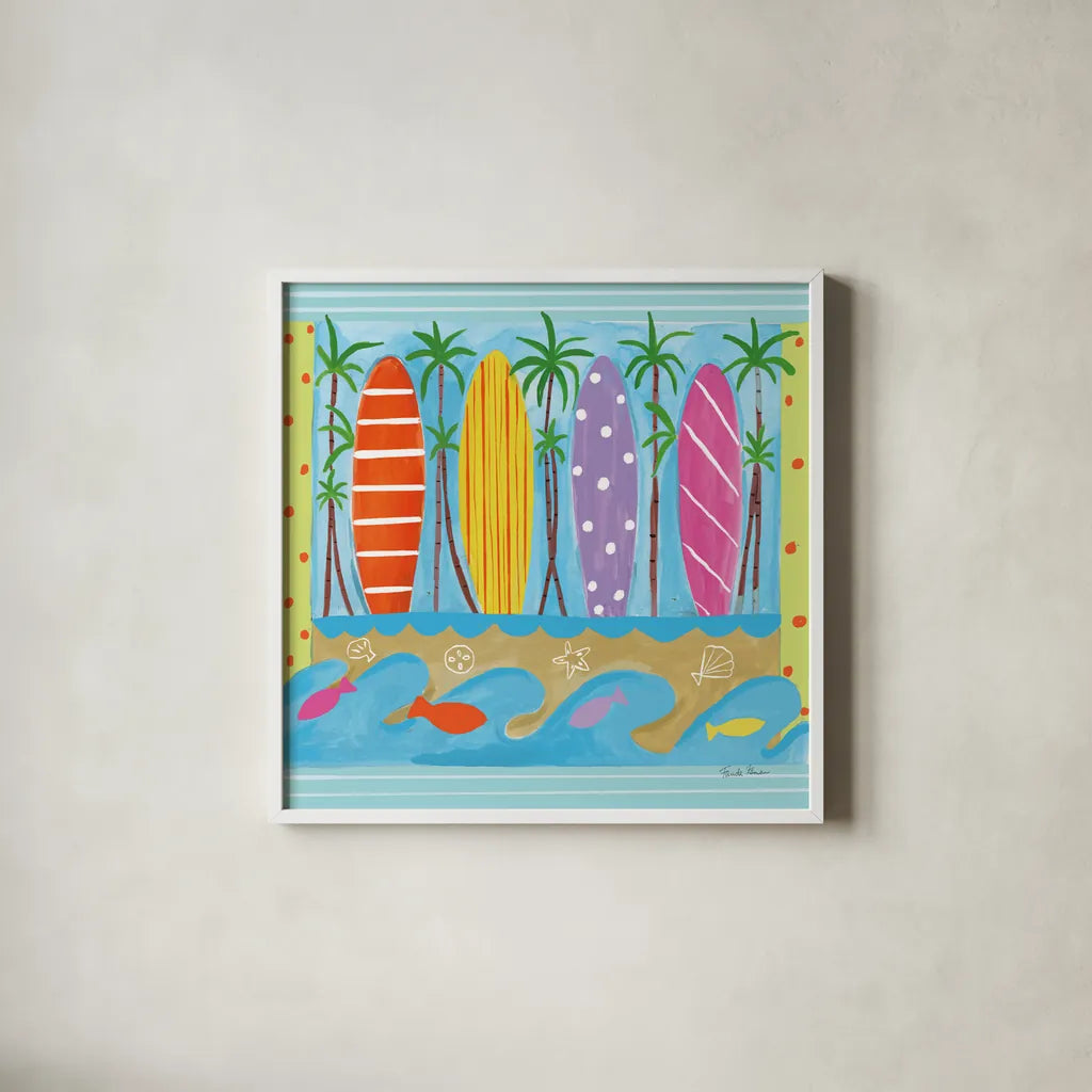 Beach Living V by Farida Zaman. Shown in a crisp white glass frame for a clean and minimalist style. Available as an archival giclee rolled canvas, fine art paper, or poster print. SKU 73130a.