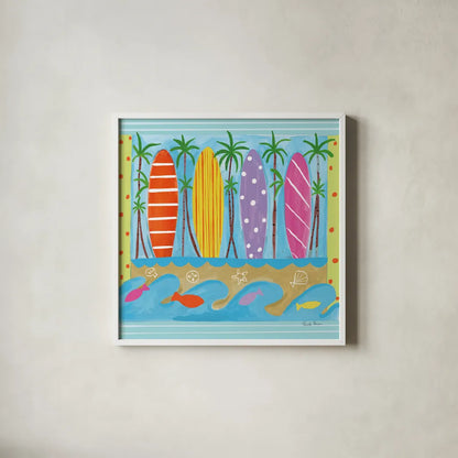 Beach Living V by Farida Zaman. Shown in a crisp white glass frame for a clean and minimalist style. Available as an archival giclee rolled canvas, fine art paper, or poster print. SKU 73130a.