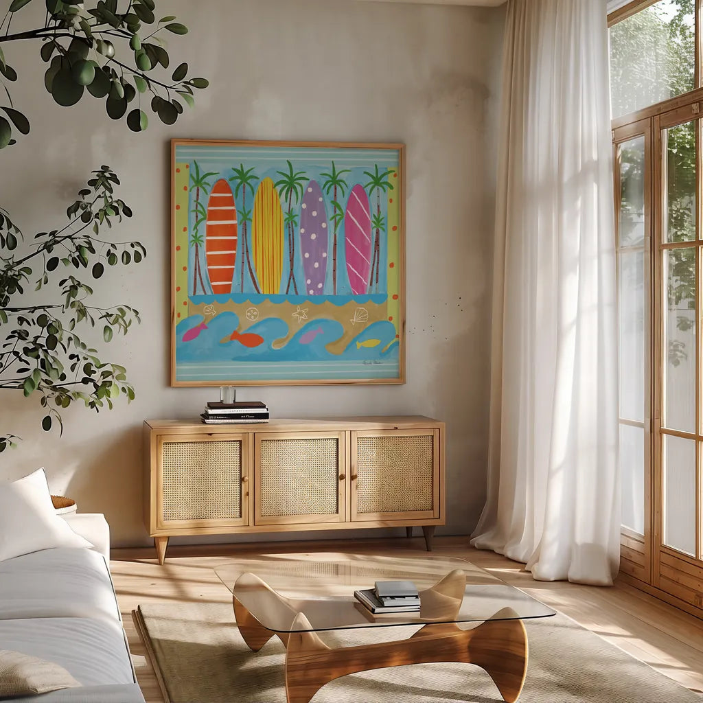 Beach Living V by Farida Zaman. Shown in a natural wood frame in a cozy modern living room. Available as an archival giclee rolled canvas, fine art paper, or poster print. SKU 73130a.
