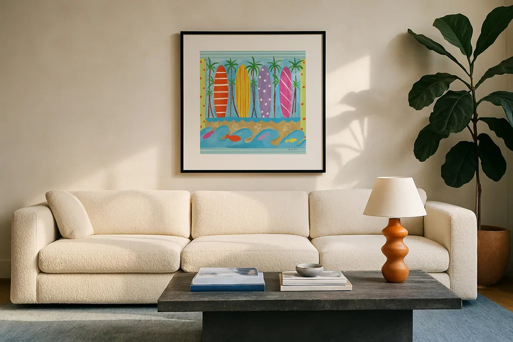 Beach Living V by Farida Zaman. Displayed in a glass frame with matte in a clean modern living room. Available as an archival giclee rolled canvas, fine art paper, or poster print. SKU 73130a.