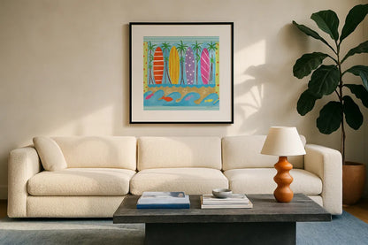 Beach Living V by Farida Zaman. Displayed in a glass frame with matte in a clean modern living room. Available as an archival giclee rolled canvas, fine art paper, or poster print. SKU 73130a.
