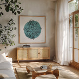 Black and White Botanical I by Farida Zaman. Shown in a natural wood frame in a cozy modern living room. Available as an archival giclee rolled canvas, fine art paper, or poster print. SKU 61601a.