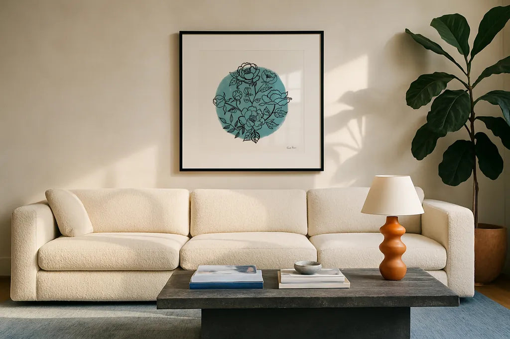 Black and White Botanical I by Farida Zaman. Displayed in a glass frame with matte in a clean modern living room. Available as an archival giclee rolled canvas, fine art paper, or poster print. SKU 61601a.