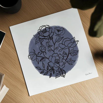 Black and White Botanical I Navy by Farida Zaman. Shown as a detailed flat fine art print, highlighting archival giclee quality. Available as an archival giclee rolled canvas, fine art paper, or poster print. SKU 65149a.